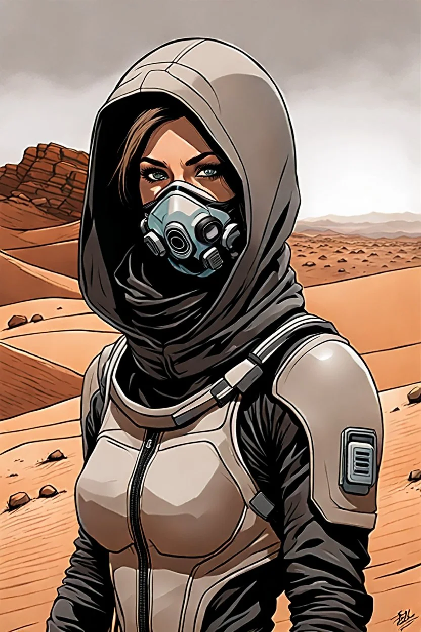 create a fine art print illustration of a rugged Fremen female in a stillsuit with breathing mask, catchpockets, stillsuit hood and gloves, of muted blacks, greys, and browns with highly detailed feminine facial features, traversing a a rocky outcrop amidst the desert sands of Arrakis, dusty, gritty, in the comic book art style of Bill Sienkiewicz, and Jean Giraud Moebius, finely textured, drawn, colored, and inked,