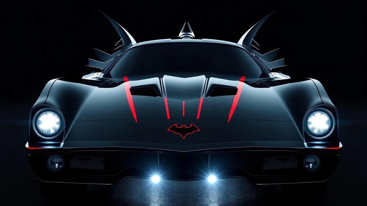 batmobile concept inspired from a 2025 ford mustang dark horse with a large elaborate spoiler and batman symbol style fins, batman symbol in grille, lower wind deflector. red stripes like 1960s adam west batmobile