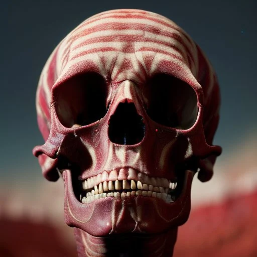 a picture of a dark, comedic, anatomically correct wall of red white and blue tightly packed stacked skulls of varying sizes and expressions, photo realistic, insanely meticulous, highly detailed, part of a collection of bones on display, 64k, dystopian, vray, anatomically correct, dystopian, horror, soviet retrofuturism