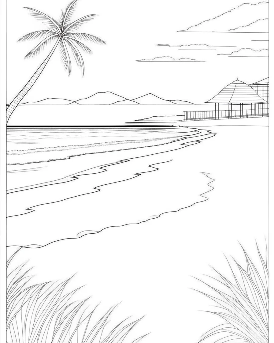 Coloring pages: A serene beach scene with soft golden sand, palm trees swaying gently in the breeze, and crystal-clear turquoise water. The image should evoke a sense of calmness and relaxation, allowing readers to imagine themselves lounging on the beach, feeling the warm sun on their skin.