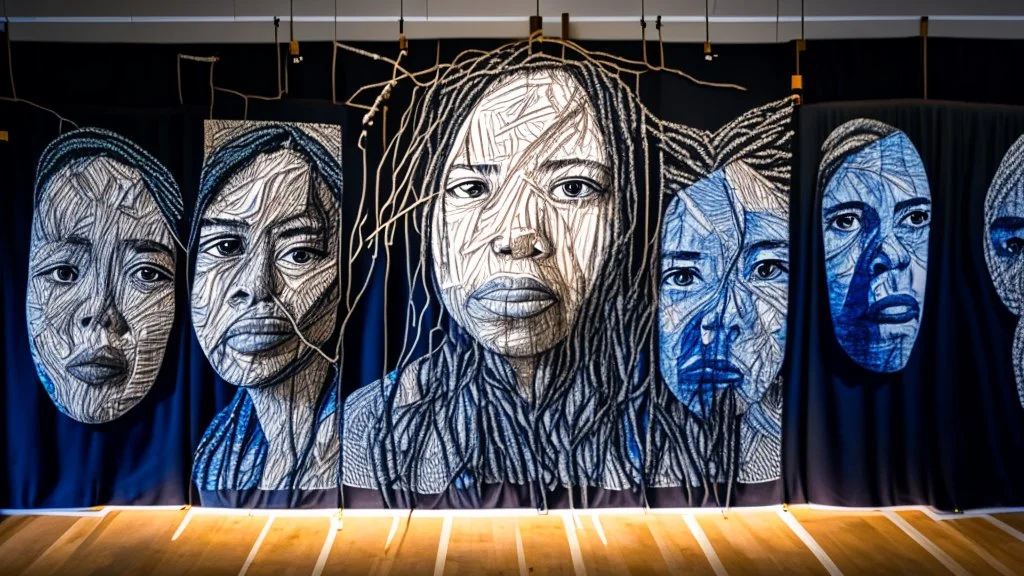 Using your 3 portrait as the centerpiece, create a large-scale fabric mural. Surround the portrait with a network of resilient and stretchy threads, symbolizing the challenges faced during addiction and the journey to recovery. Visitors can interact by gently tugging on the threads, emphasizing the importance of resilience in the healing process.