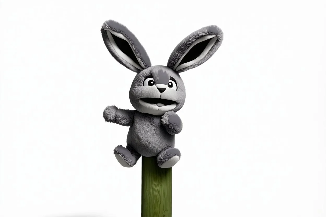 Scruffy fluffy grey puppet plush Bunny, holding with both hands onto a post while being blown by the wind, extending vertically, panicked. on white background