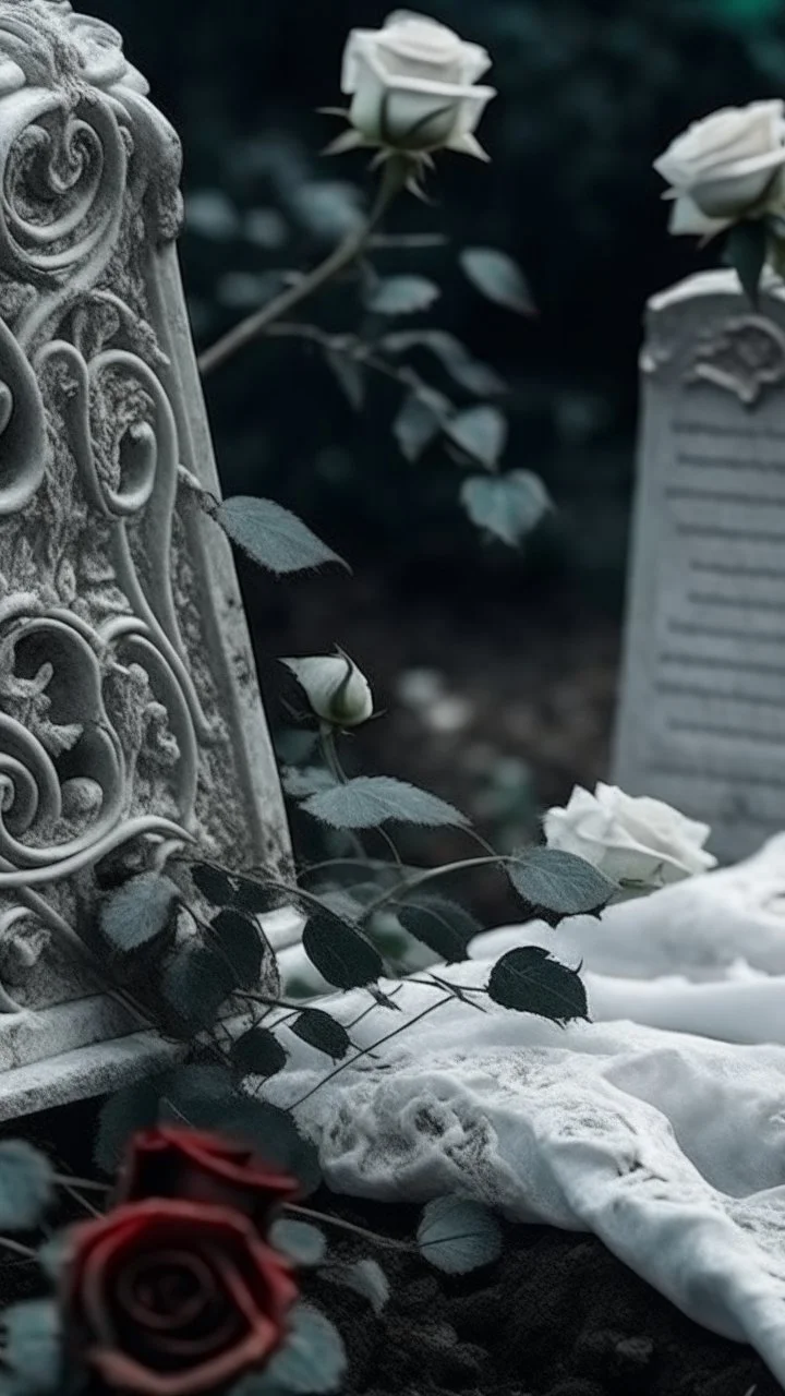 A grave above it a white lace scarf and blood on it. white roses. Cinematic picture