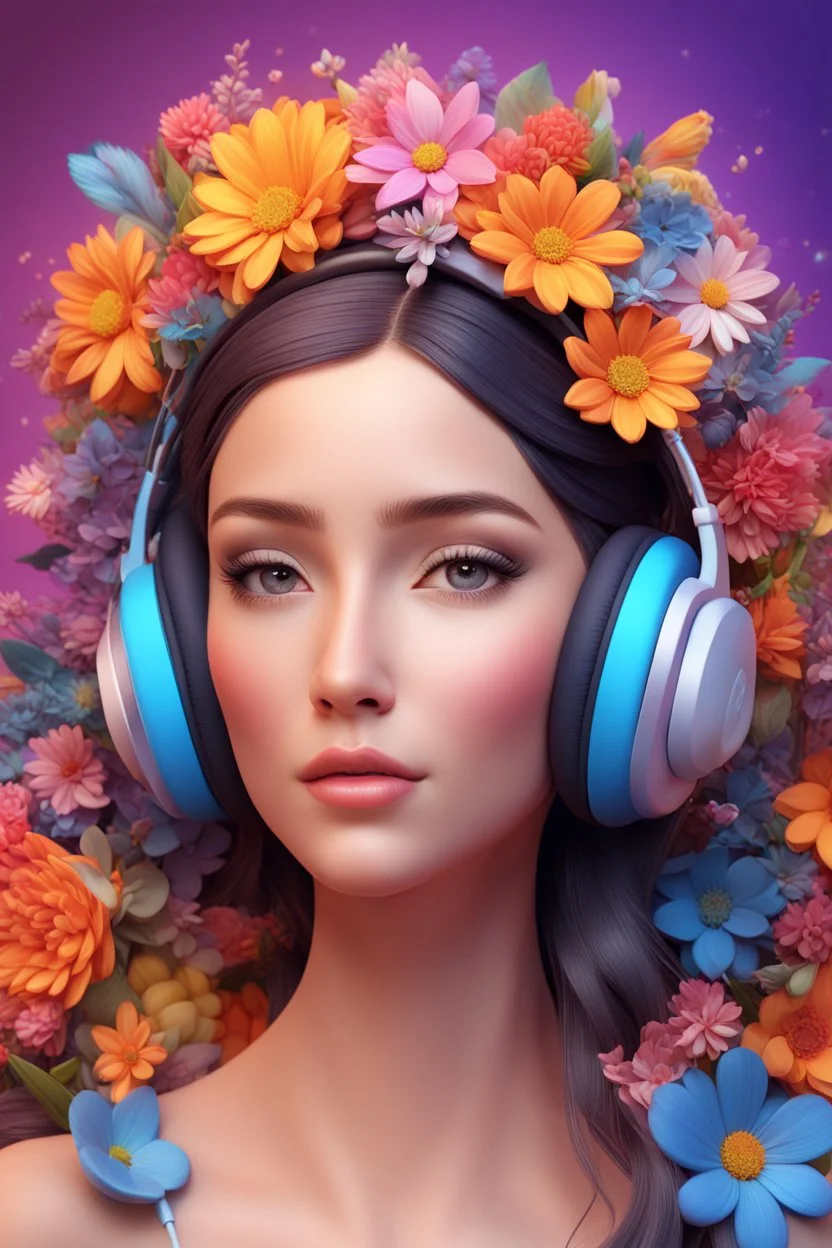 3D illustration of A beautiful woman with headphones on and a deep colorful background with full of colorful flowers, illustration, smooth 3d digital art, exquisite thee-dimensional rendering, 4K, blender, c4d, octane render , disney style 3d light, Zbrush sculpt, concept art, Zbrush high detail, Pinterest Creature Zbrush HD sculpt, neutral lighting, 8k detail