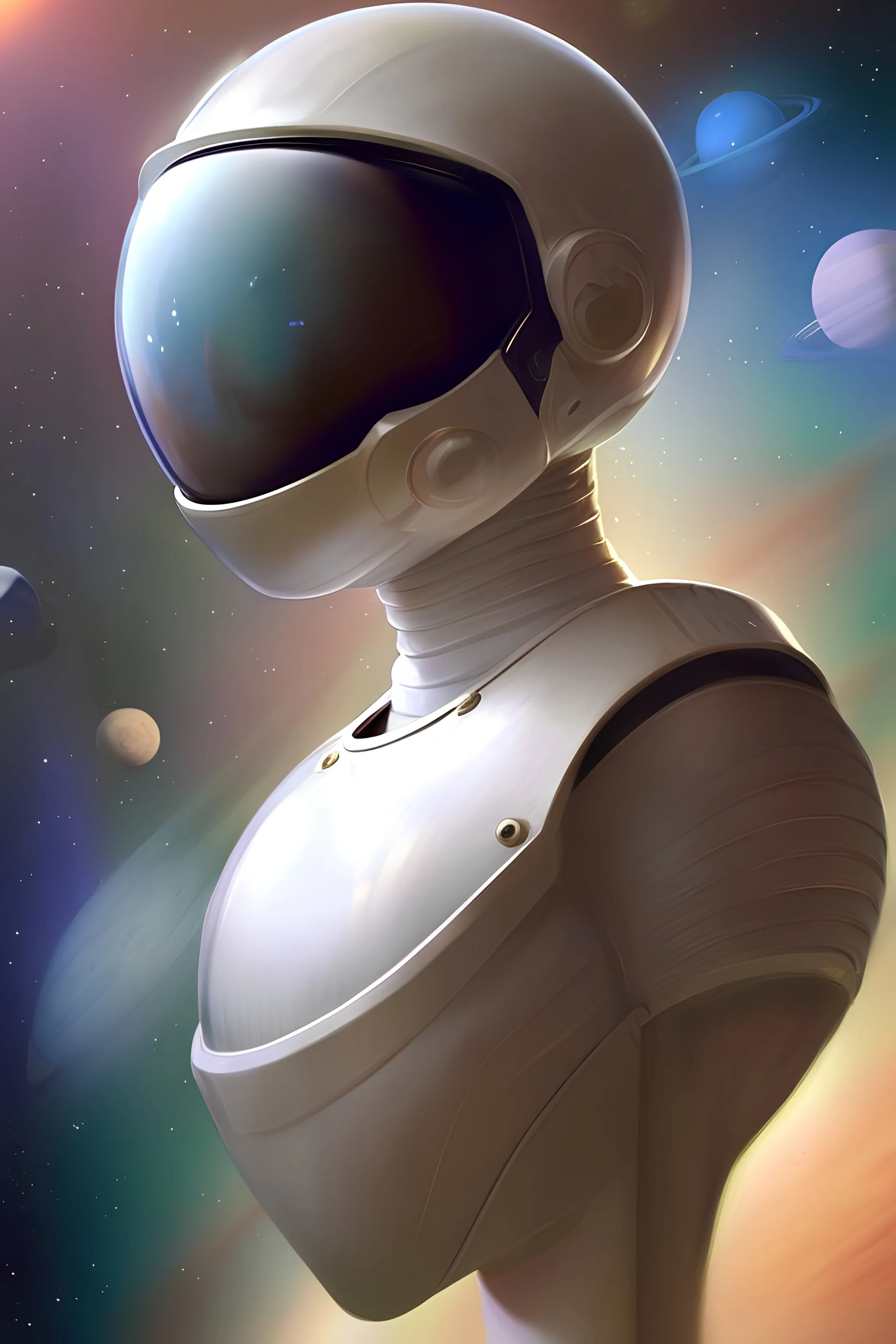 an alien wearing space helmet with clear visor reflecting space and planets