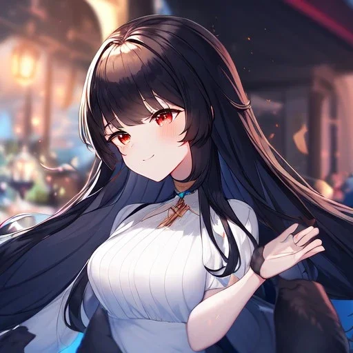 Clear focus, high resolution, black long fluffy hair, red eyes, wearing a cute outfit, kawaii