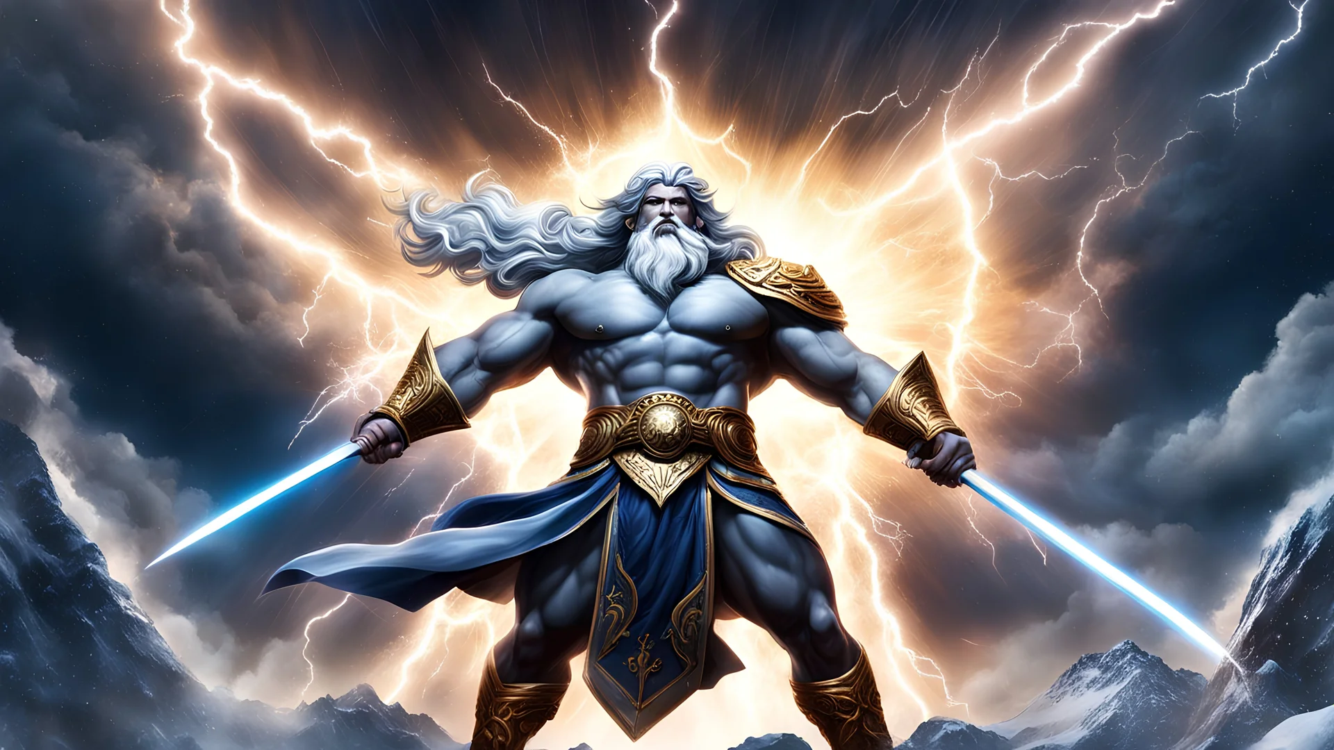 winter, An epic and powerful illustration showcasing Zeus in a battle-ready stance, surrounded by celestial lightning, (epic illustration:1.4), (powerful Zeus:1.5), (celestial lightning backdrop:1.3), (expressive and dynamic stance:1.2), inspired by classical mythology and heroic depictions of Zeus, trending on ArtStation, Intricate, Sharp focus, dynamic lighting, (captivating:1.4), (godly details:1.5), (powerful presence:1.3), Masterful, Exquisite, Artful, Photorealistic, Ultra-detailed, 8K