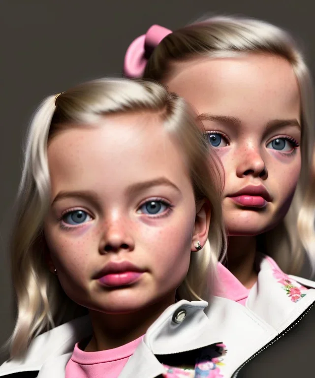 Margot Robbie toddler, full body, sneaker, leather jacket, floral shirt, soft skin, dramatic lighting, hyper realistic