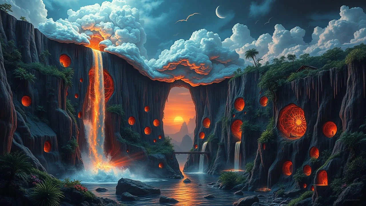 waterfall full of holes with various jungle flowing spiral cloud neon colorful Unique open cliff burning ripped surrealistic artwork with shiny shackled by cliff and sea island, while holding a waterfall doing pulling, the open cavity inside the body is a scene of an ancient Egyptian painting in the Gesang desert 5D diorama, with seven open panels on the revealing a forest with a thousand shadows, giving a triple exposure effect on a Balinese girl and her neck cavity, crystal calypso wild expose