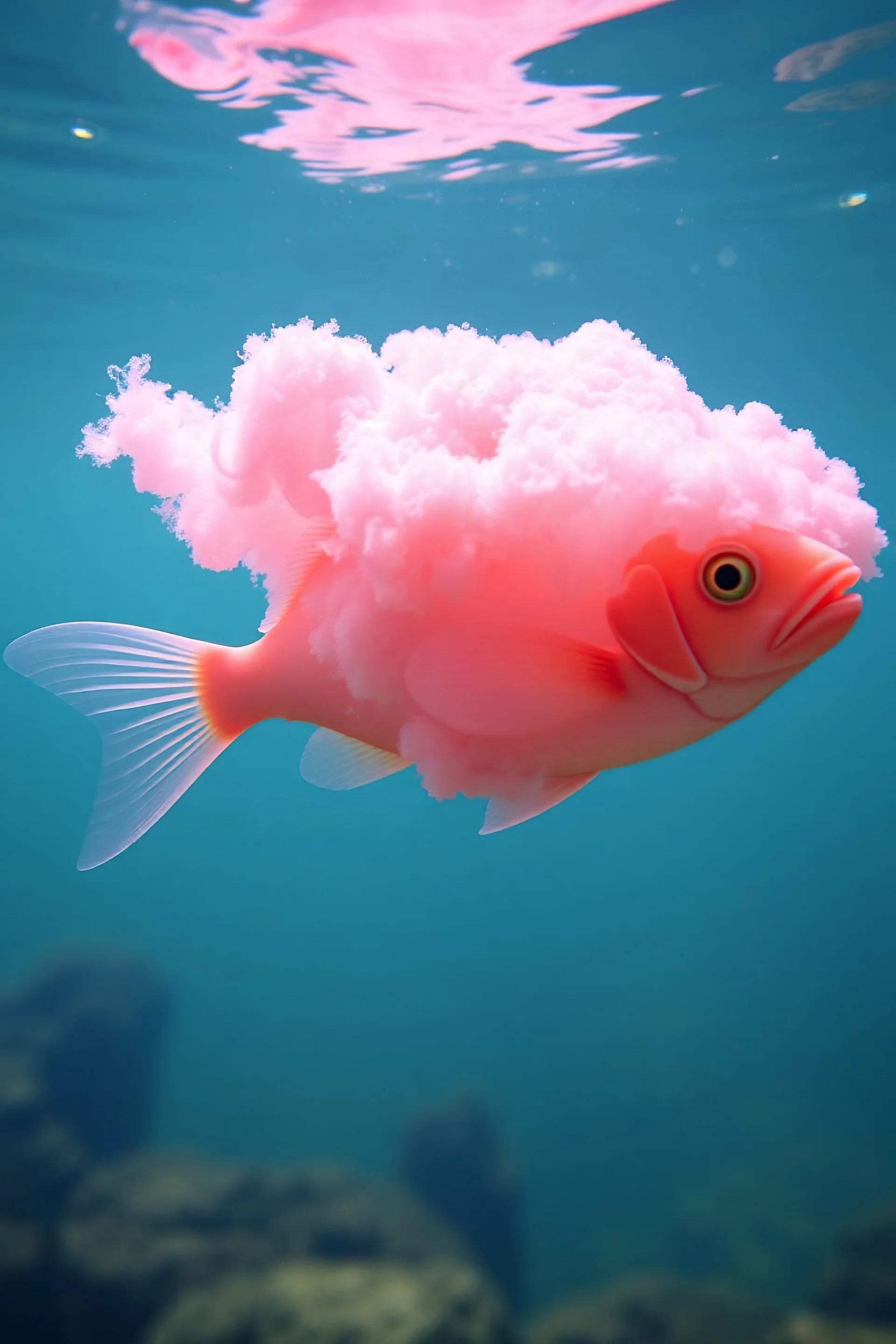 A plastic pink cloud floating in the fish