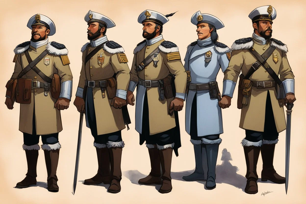 [illustration by Angus McBride] concept sheet for a squad of explorers: These four head divisions (Kadivs) + lieutenant are essentially the second in commands, serving just beneath the Captain. They monitor and check up on the crews (men and women), execute Captain's orders, and propose initiatives to higher ranks. And if Captain is not present, Kadivs report themselves to Lieutenant who serves as Caravan's firstmate. However, the exceptions usually occur in particularly elite caravan like 97 wh