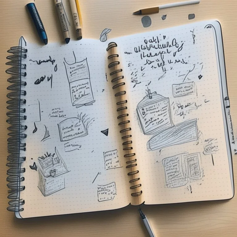 A bulletjournal with drawings and writing on a table with drawing tools