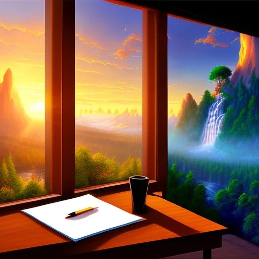 desk, parquet, sheet of paper, little pen, in front of a huge picture window with large view on a waterfall with warm light, sunset ,pixar style, panorama, nature, globe, HD, Hallelujah mountain