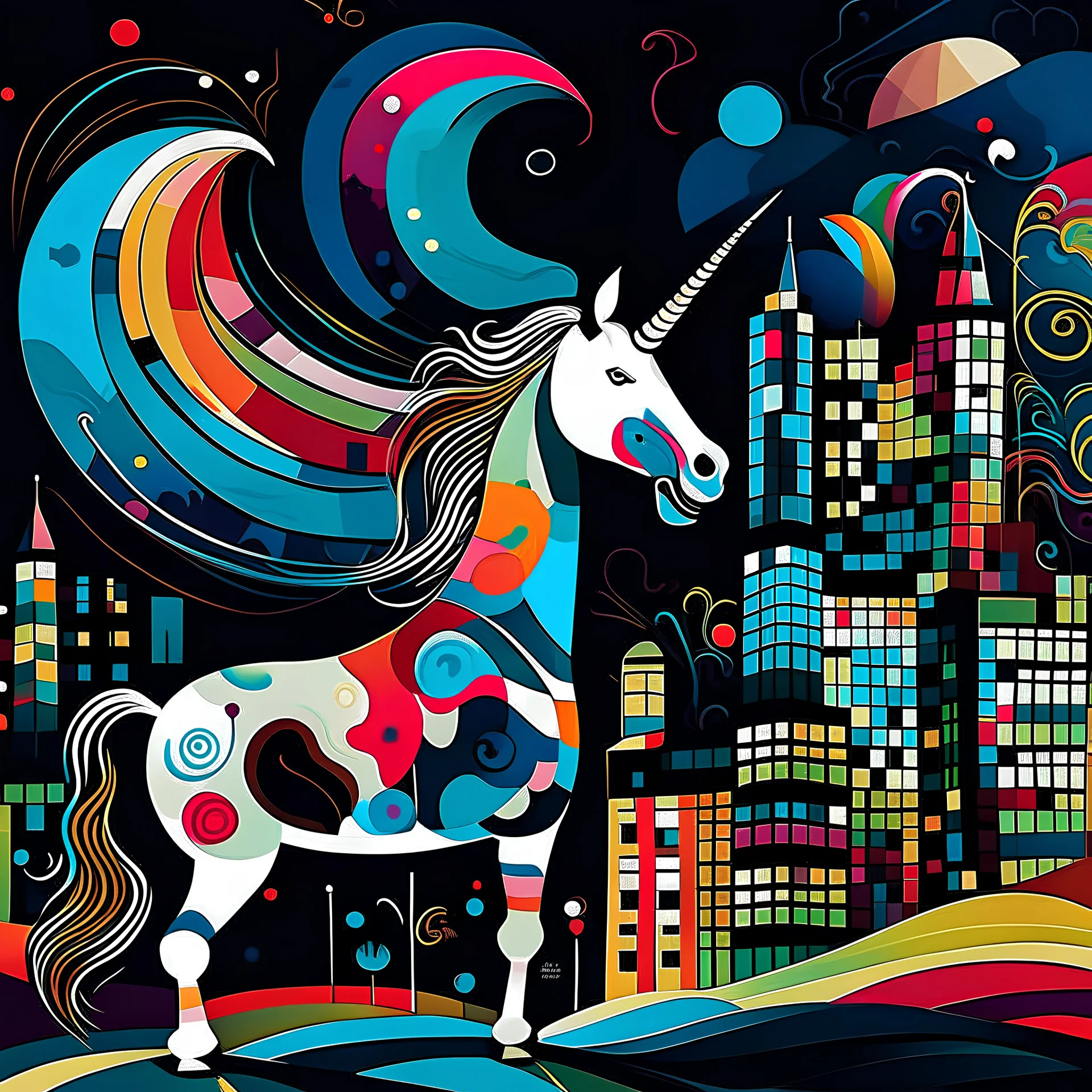 un unicornio en la ciudad de noche estilo kandinsky