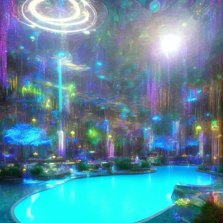 turquoise neon pool water sparkling at night in the dark detailed realistic glowing