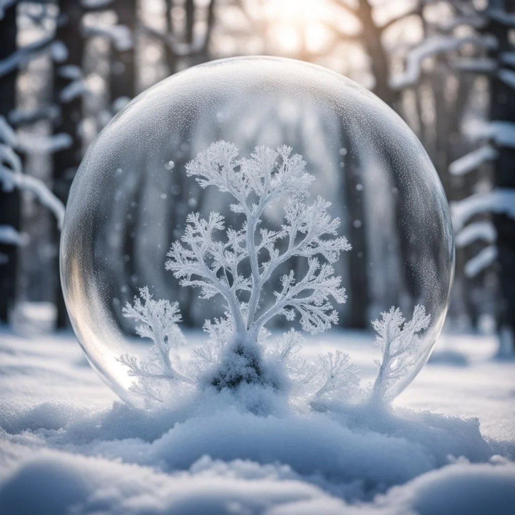 Beautiful frozen bubble. Fractals and ice crystals is frosen in the bubble. snowy landscabe witht trees topped with snow