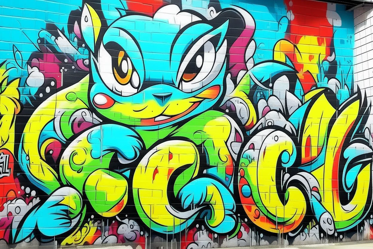 a graffiti mural wall with the word cell pokemon style