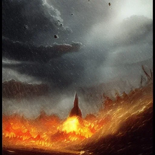 doom scenary. Heavy rain. Epic Lighting in the sky. Knight with a sword. Falling object from the sky. Meteorite burning in the distance.