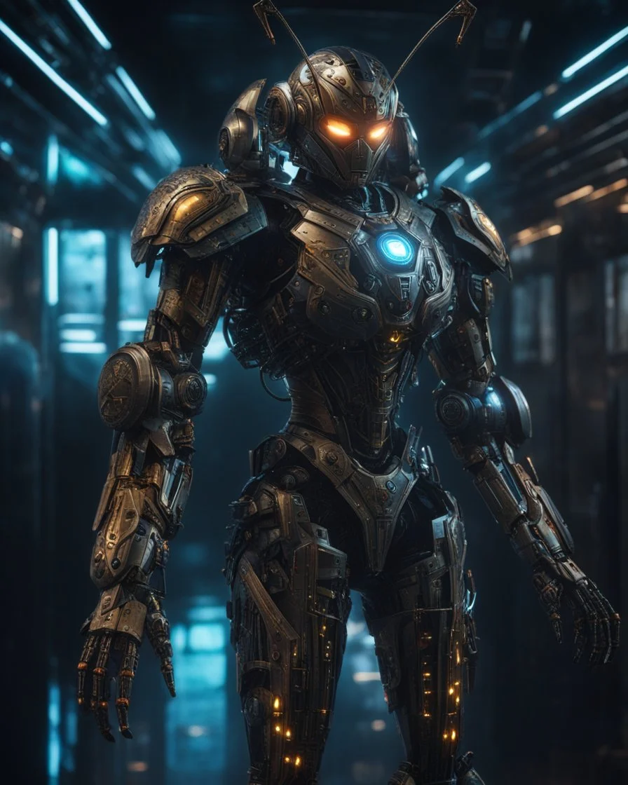 Length picture fullbody Ultra-detailed benevolent cyborg in a spaceship, with anthropomorphic cybernetic insect elements on metal armor, neon lights reflections, reflection mapping, intricate design and details, dramatic lighting, Cinematic lighting, Volumetric lighting