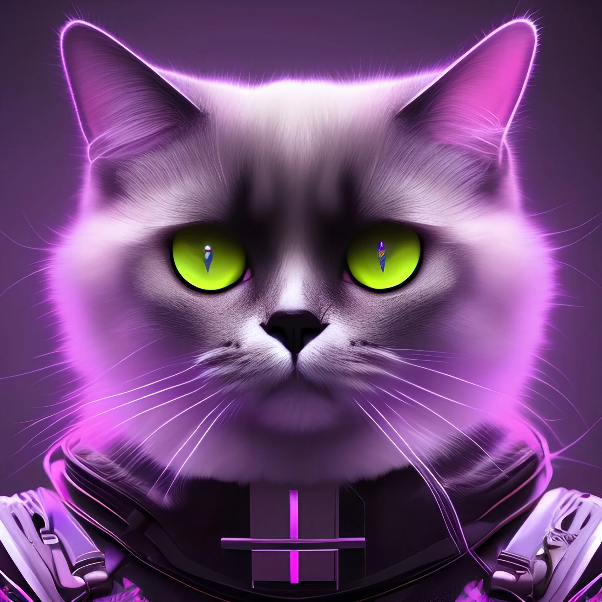 goth cat, purple-black color scheme, 8k resolution, dynamic lighting, reflective surfaces, futuristic