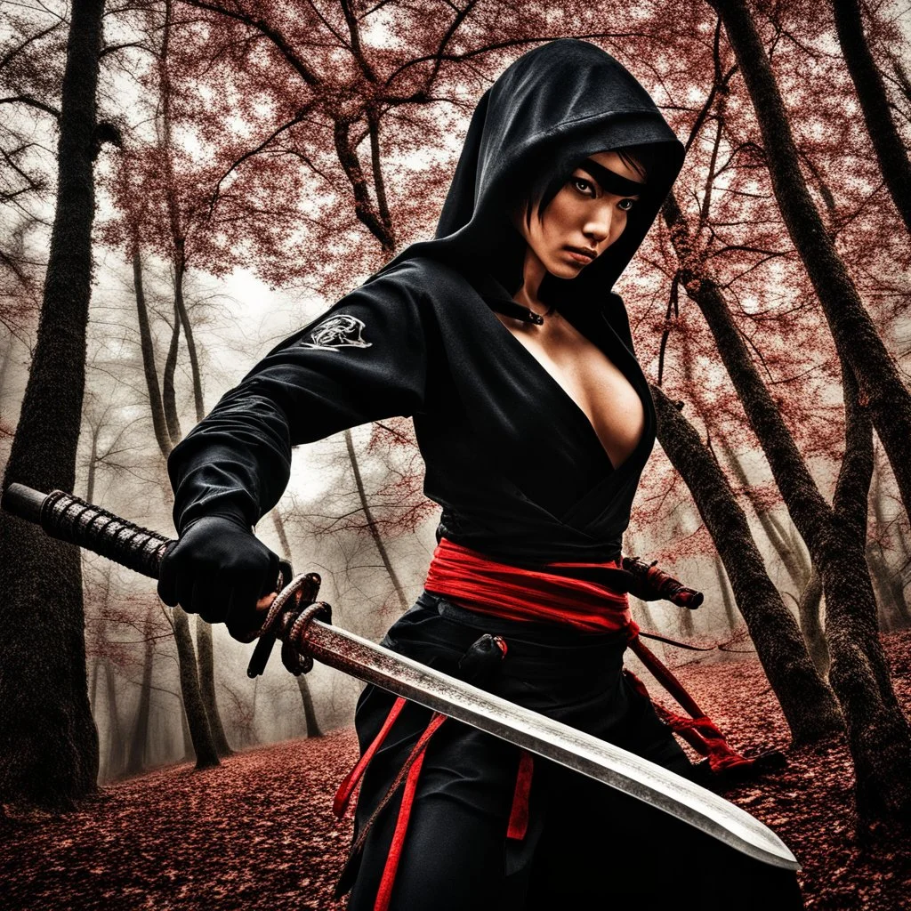 Behold the powerful alluring and pretty ninja woman, her body adorned with the traditional ninja costume and a katana, HDR, beautifully shot, hyperrealistic, sharp focus, 64 megapixels, perfect composition, high contrast, cinematic, atmospheric, moody