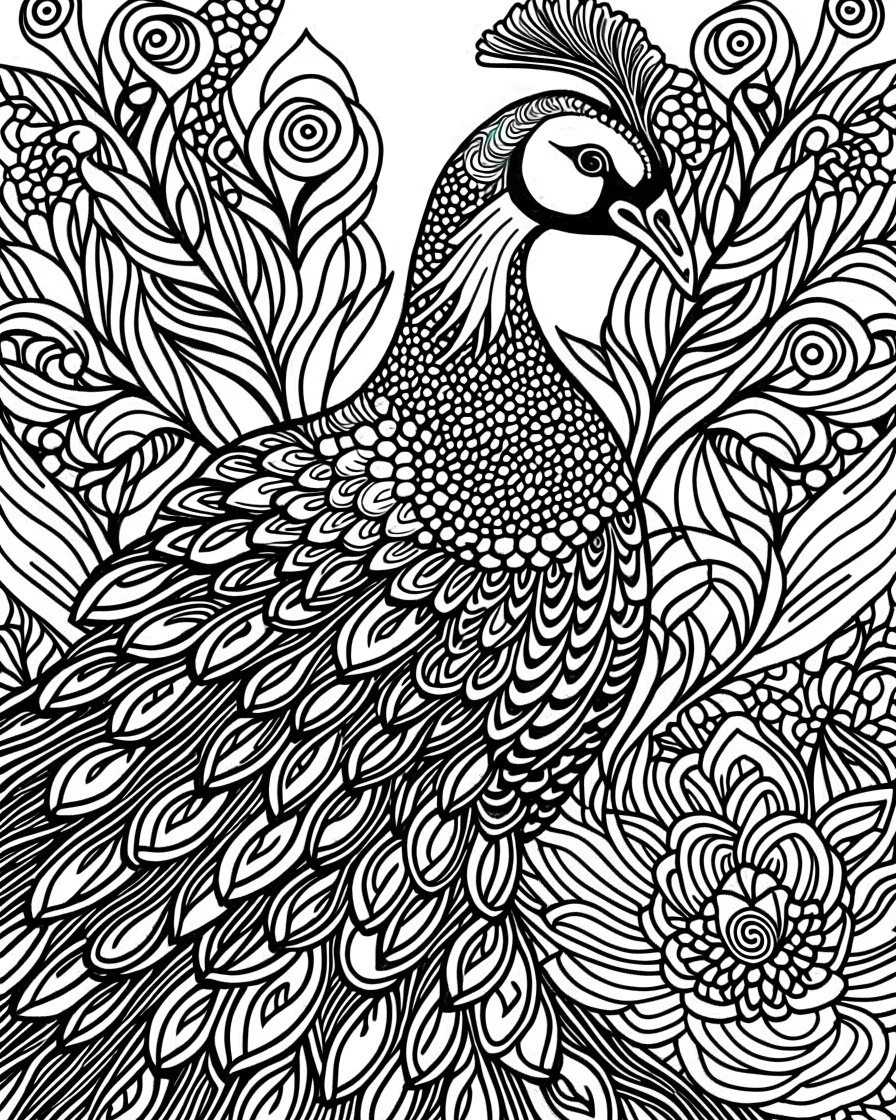 peacock, no cooler , black and white, line art, adult book pages