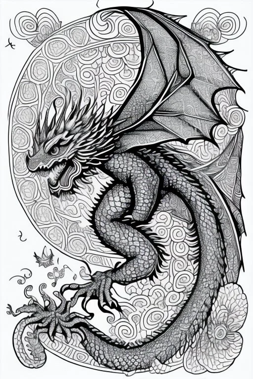 coloring book page of a flying dragon, mandalas