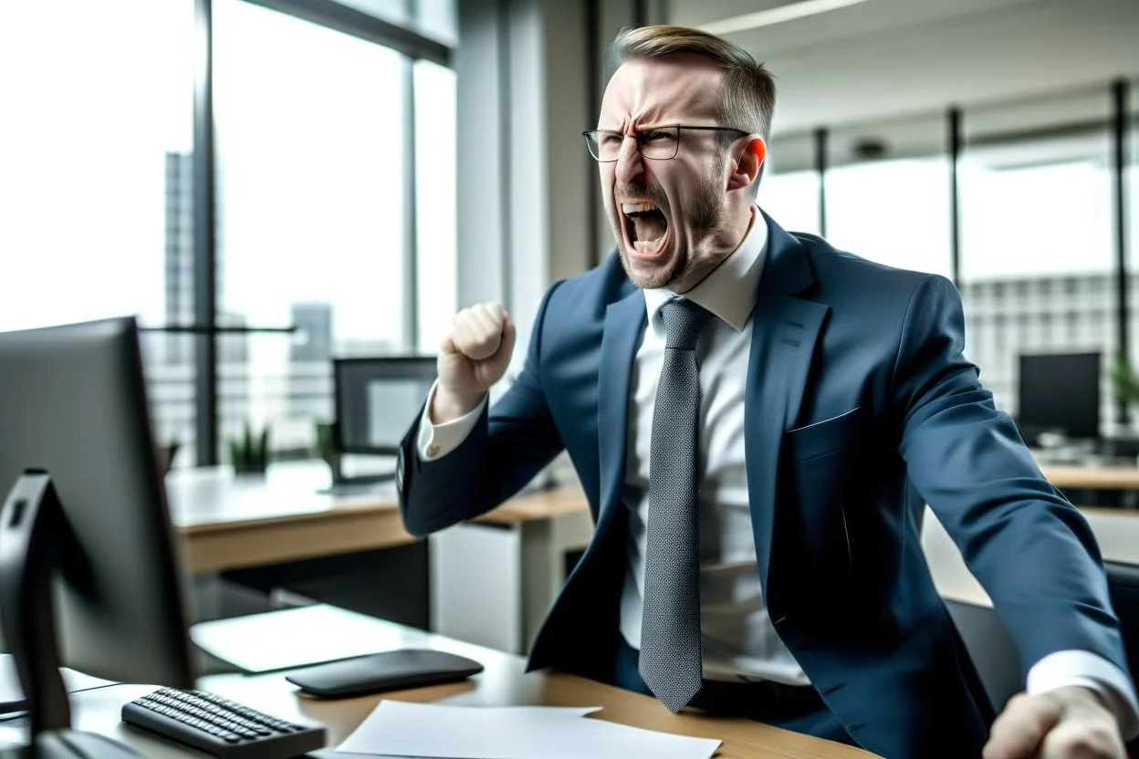 corporate man in office i screaming at employees. Swedish looks. Sign with the text ICA in the background.