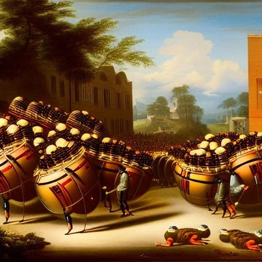 painting of 1500 bass drum lugging bug-eyed monkeys all arriving at the station