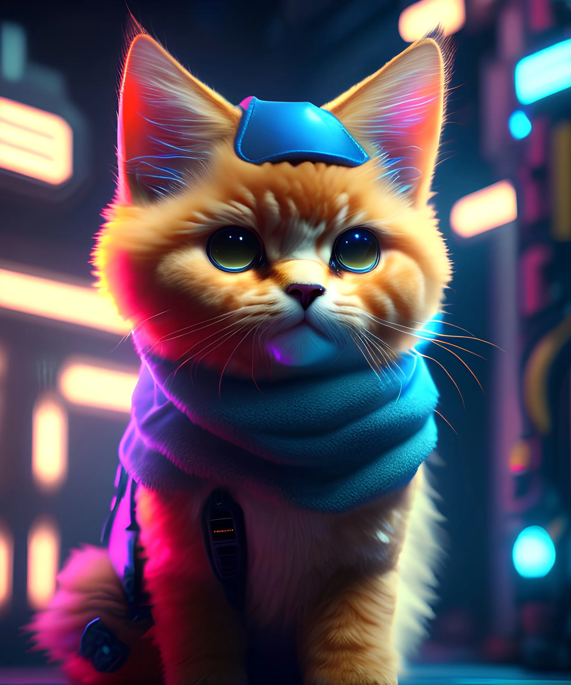 high quality video game sci - fi anggry fluffy! cat!! cyborg soldier with futuristic mechanical parts, cyberpunk monocle!, highly detailed, unreal engine cinematic smooth, in the style of detective pikachu, hannah yata charlie immer, dark blue neon light, low angle, uhd 8 k, sharp focus, hyper realistic, extremely accurate, delicate, extremely detailed, wide-angle