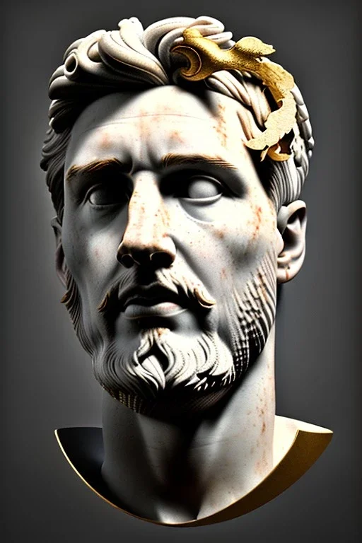 Ultra Realistic image, Roman sculpture bust, clean white marble material, Lionel Messi, gold Laurel leaves wreath, renaissance ornaments, one gold star, blue sky background, waist up portrait, cinematic lighting, god light, 4k resolution, smooth details, ornate details, soft lighting, unreal engine 5, art station, substance 3d, art concept.