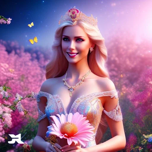 Full body Princess, woman blondie, make up,smile, beautiful place,amazing, flowers, colors, blue and pink butterfly, realistic, photo real, stars night, detailed, high contrast, 8k high definition, unreal engine 5, extremely sharp detail, light effect, light background