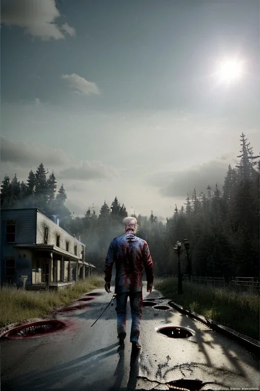 Ultra realistic image, joe biden zombie, zombie performance, blood, torn arm, night, walking twisted, waist up view, walking dead style, dark ambient, highly detailed, sky background, concept art, unreal engine 5, god rays, ray tracing, RTX, lumen lighting, ultra detail, volumetric lighting, 3d, finely drawn, high definition, high resolution.