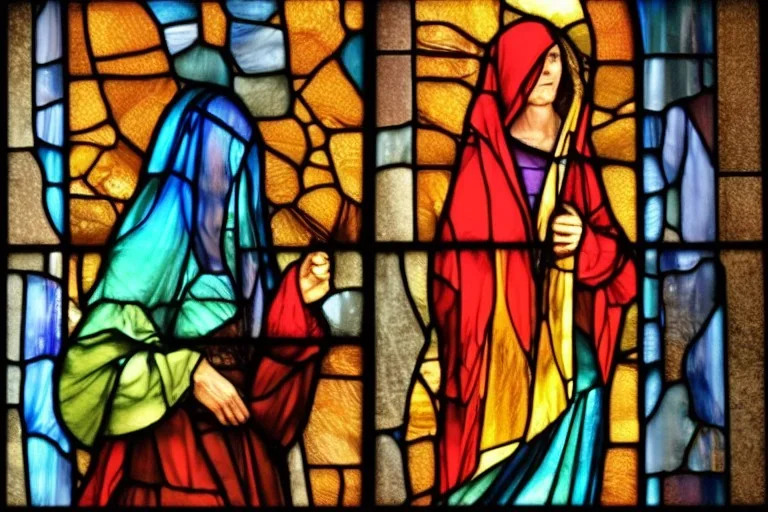 Cloaked woman holding fire on stain glass window