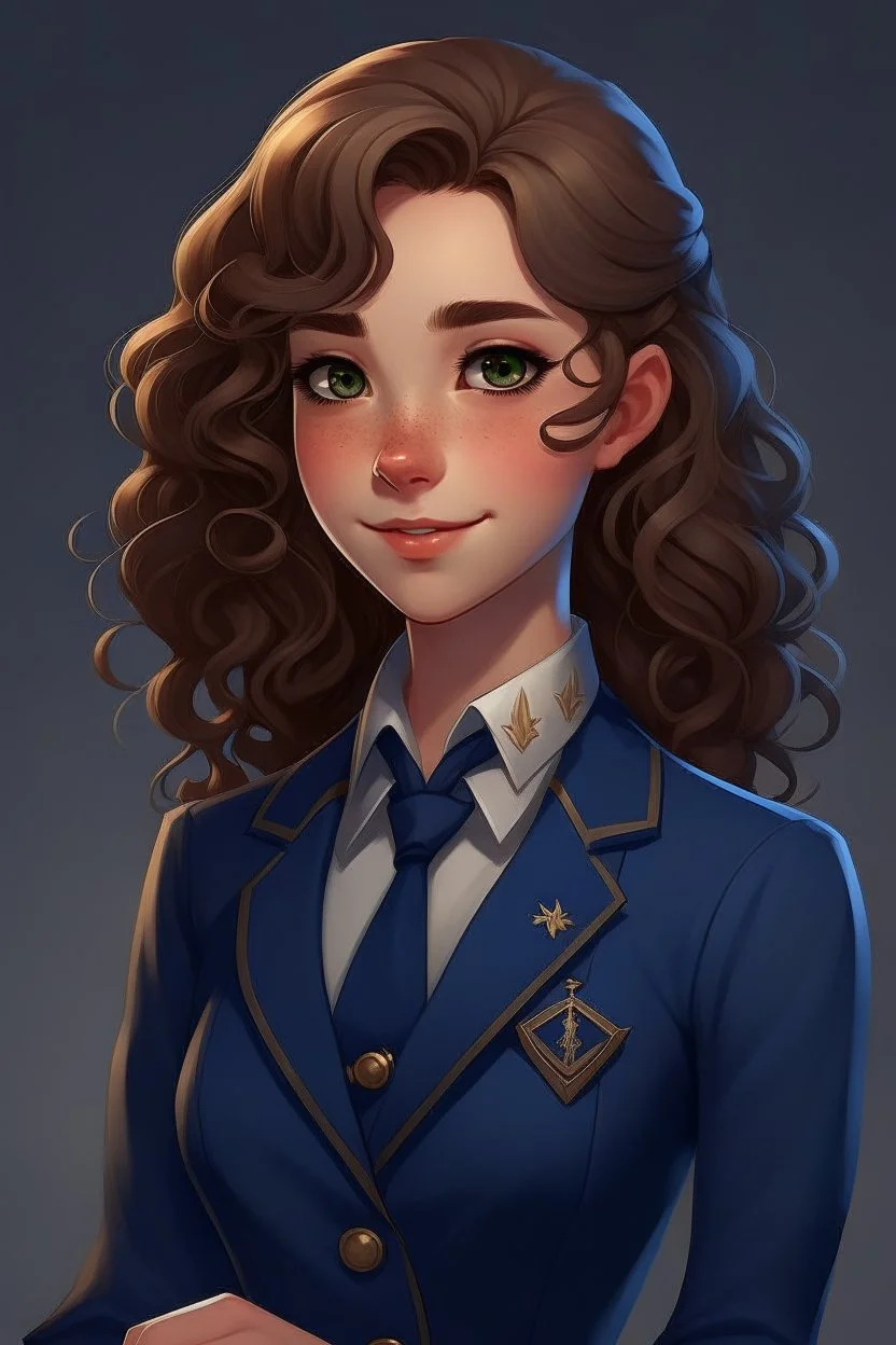 Lila is a young woman with a slender frame and an aura of quiet confidence that radiates from her every step. Her chestnut curls cascade down her back in gentle waves, framing a heart-shaped face adorned with warm, hazel eyes that sparkle with curiosity and determination. She is dressed in a neatly tailored, navy-blue apprentice's uniform, complete with a crisp white blouse and a vest adorned with intricate golden embroidery