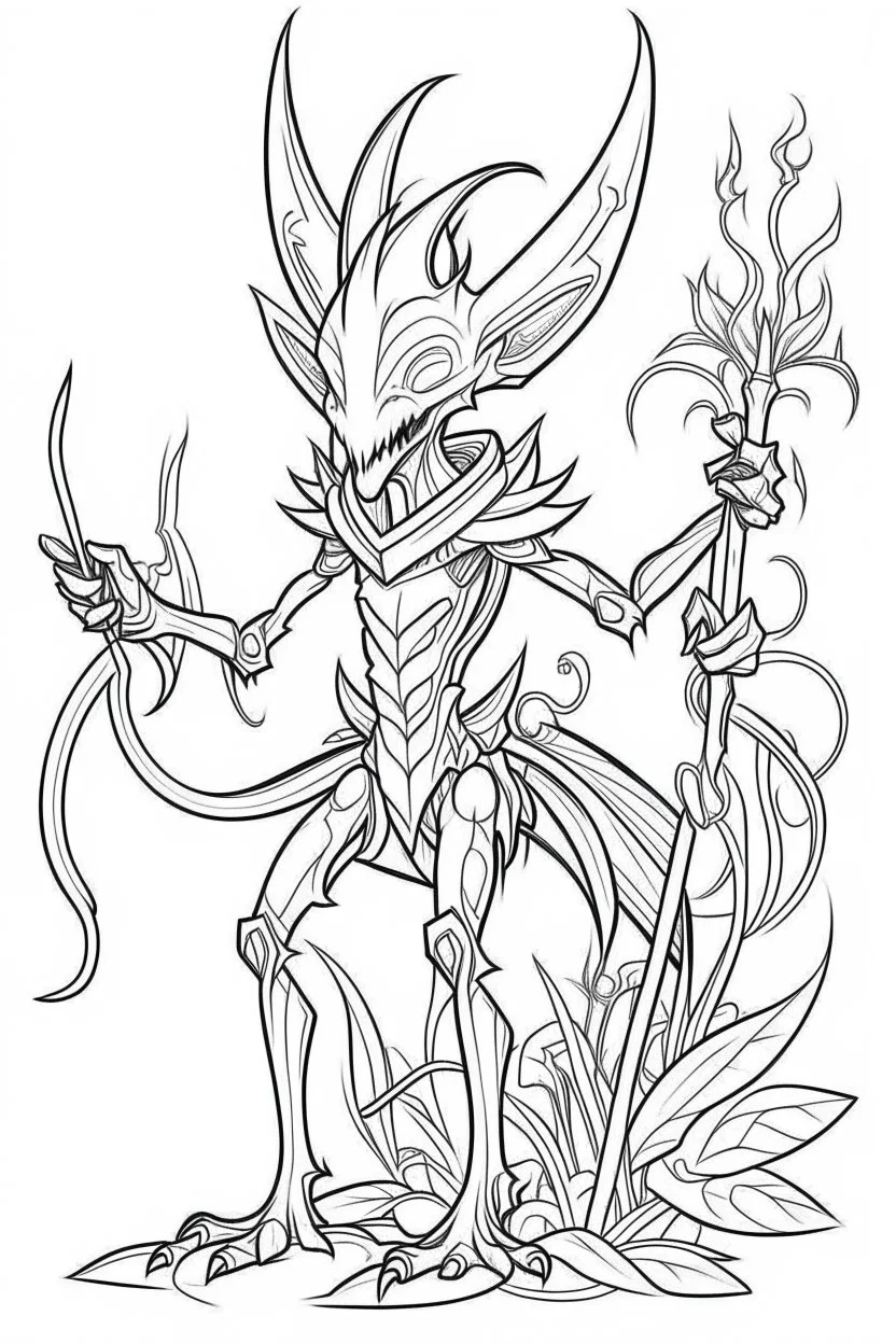 outline art for Fiddlesticks coloring pages with sitch, white background, Sketch style, full body, only use outline, adult style, clean line art, white background, no shadows and clear and well outlined.