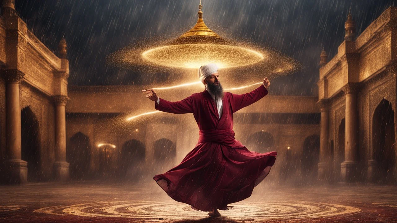 Hyper Realistic photographic-view of a Sufi Whirling with Golden & Maroon Islamic Sufi Rustic Grungy Background with thunderstorm at heavy rainy night outside an ancient Islamic architectural building with golden-sparkles-whirling showing dramatic & cinematic ambiance.