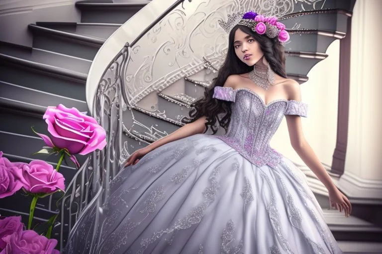 quinceanera bucket glower dresse with royal silvers adorned roses women talking through glass stairs 4k dreamy styled anime style