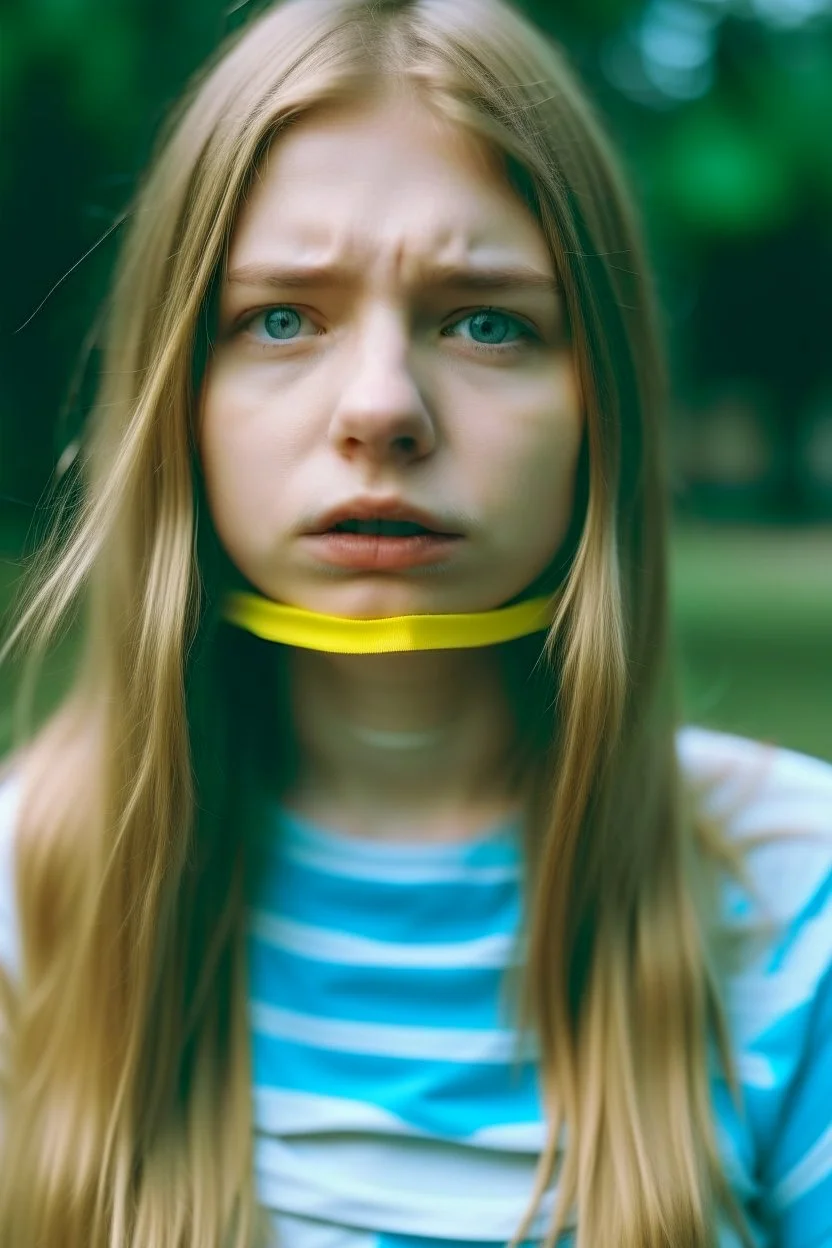 Girl wearing summer outfit and with duct tape over her mouth