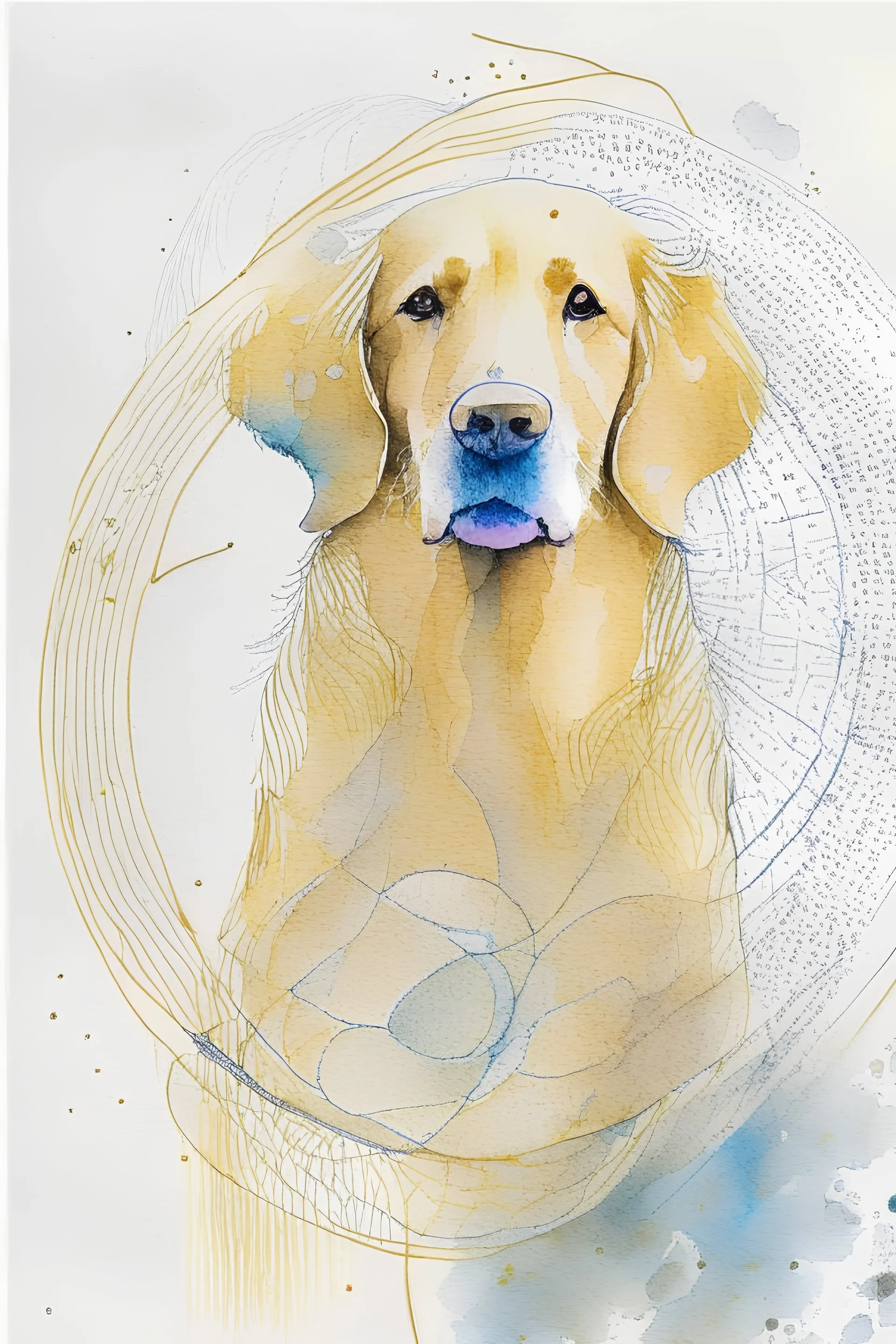 abstract watercolour of a golden retriever dog’s head in the style of Valerie Davide with bifurcated circles and thin pencil lines