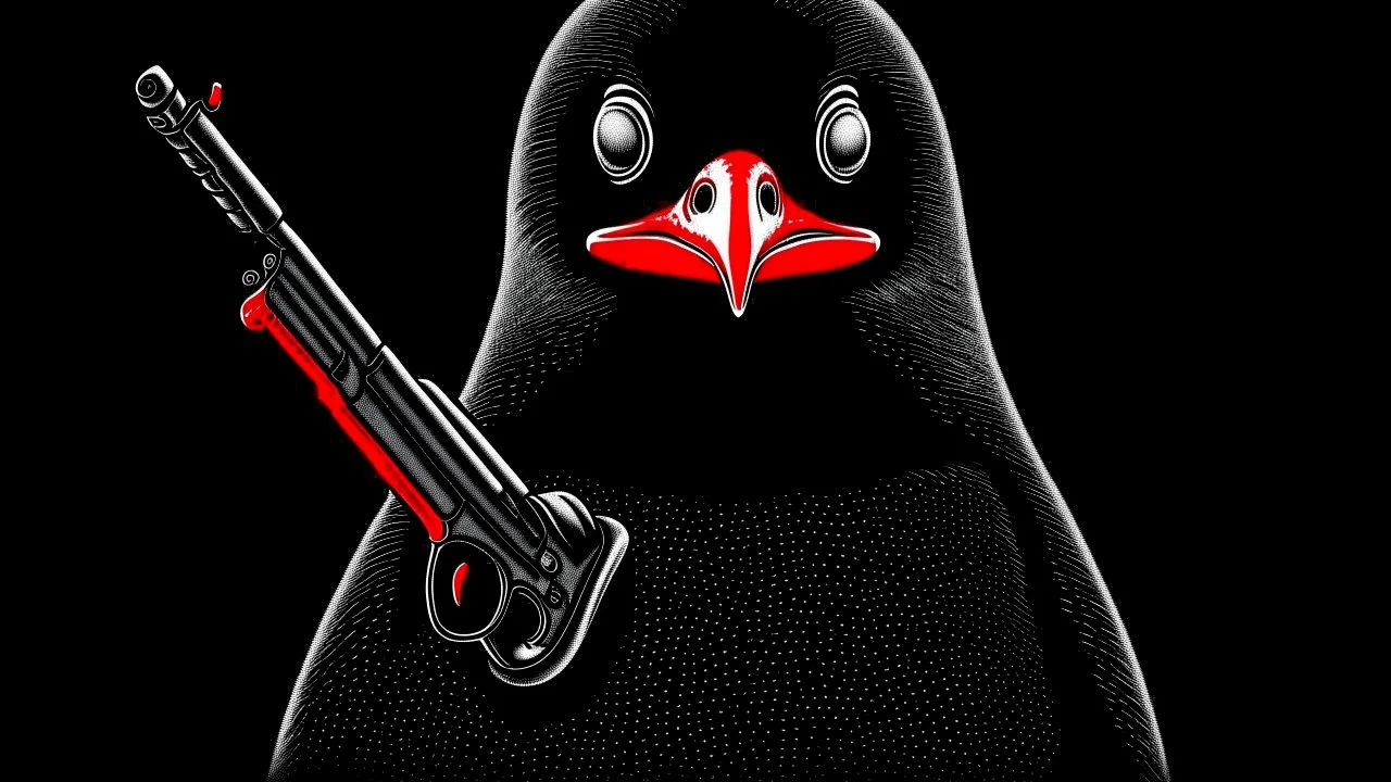 penguin with a gun | black background | red eyes