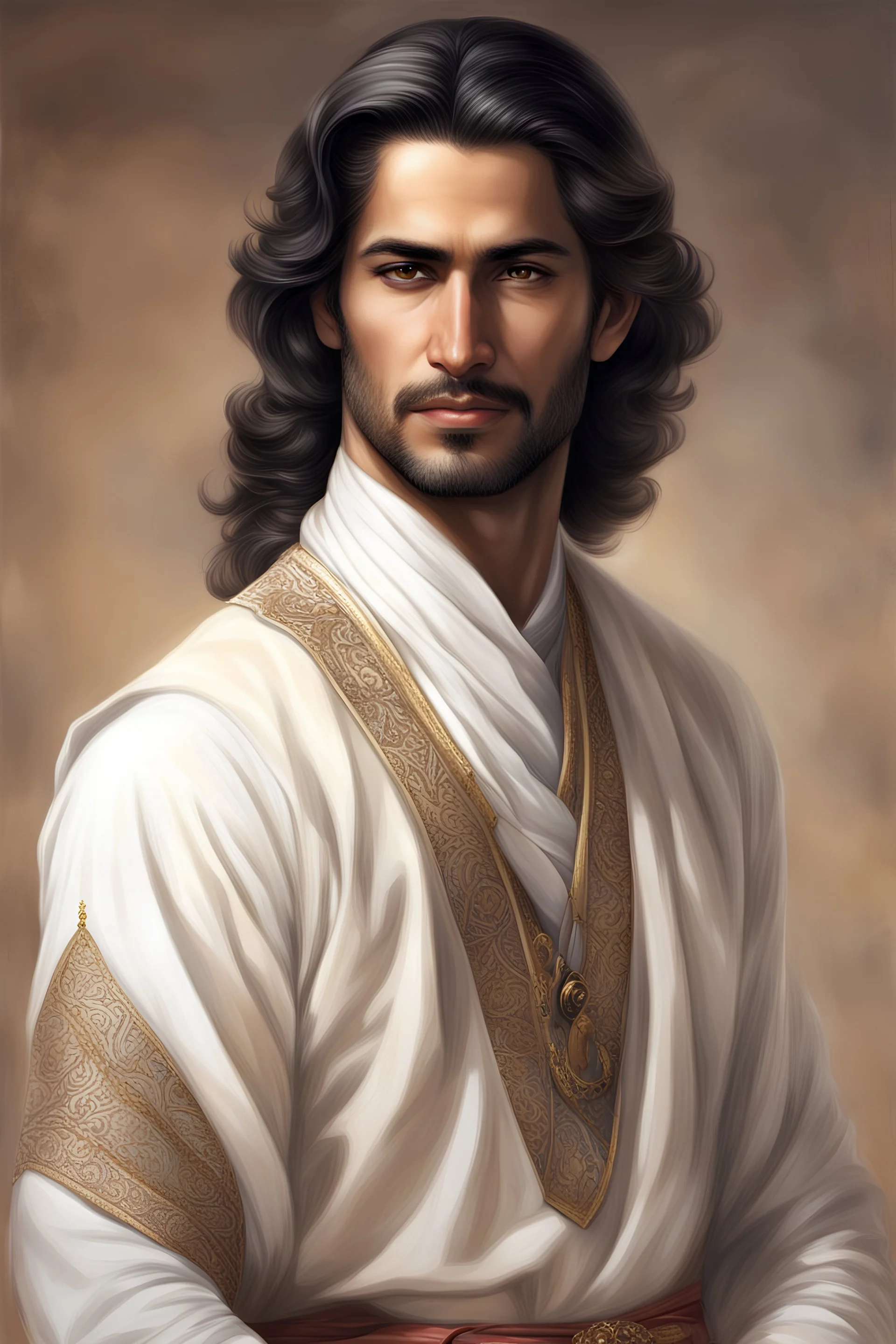 realistic arab prince, late thirties, shoulder-length hair, handsome, modern, in traditional Omani clothing