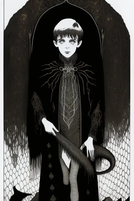 7 year old boy, necromancer, friendly, looks dead,with a long lamprey emerging from his belly , wearing black robes, in the style of Harry Clarke