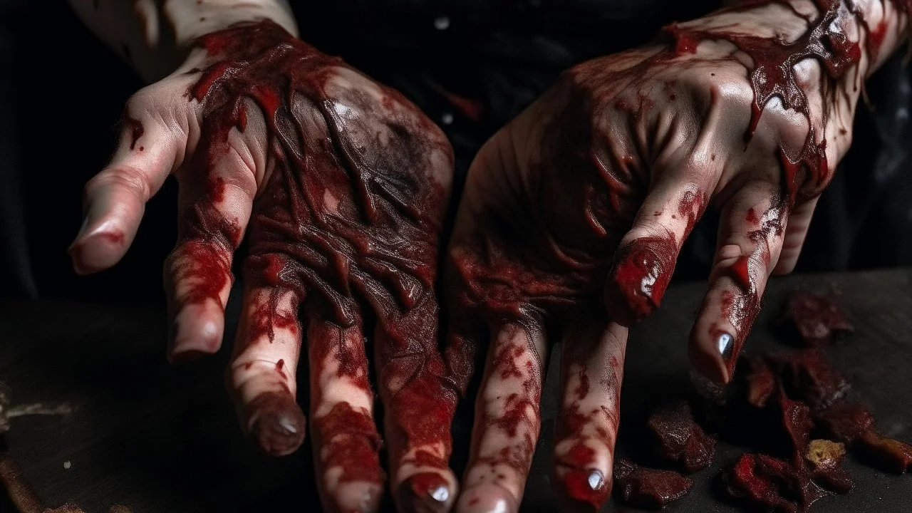 a woman's palms of her hands with dried and caked on blood all over them