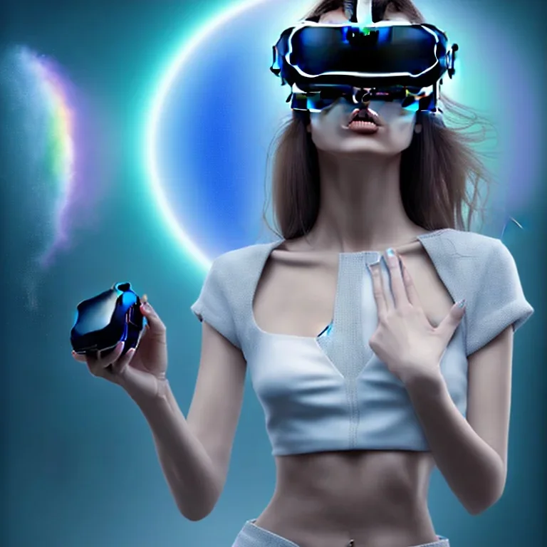 Woman with a VR headset running in futuristic Edimburgh on chrome water and rainbow sky