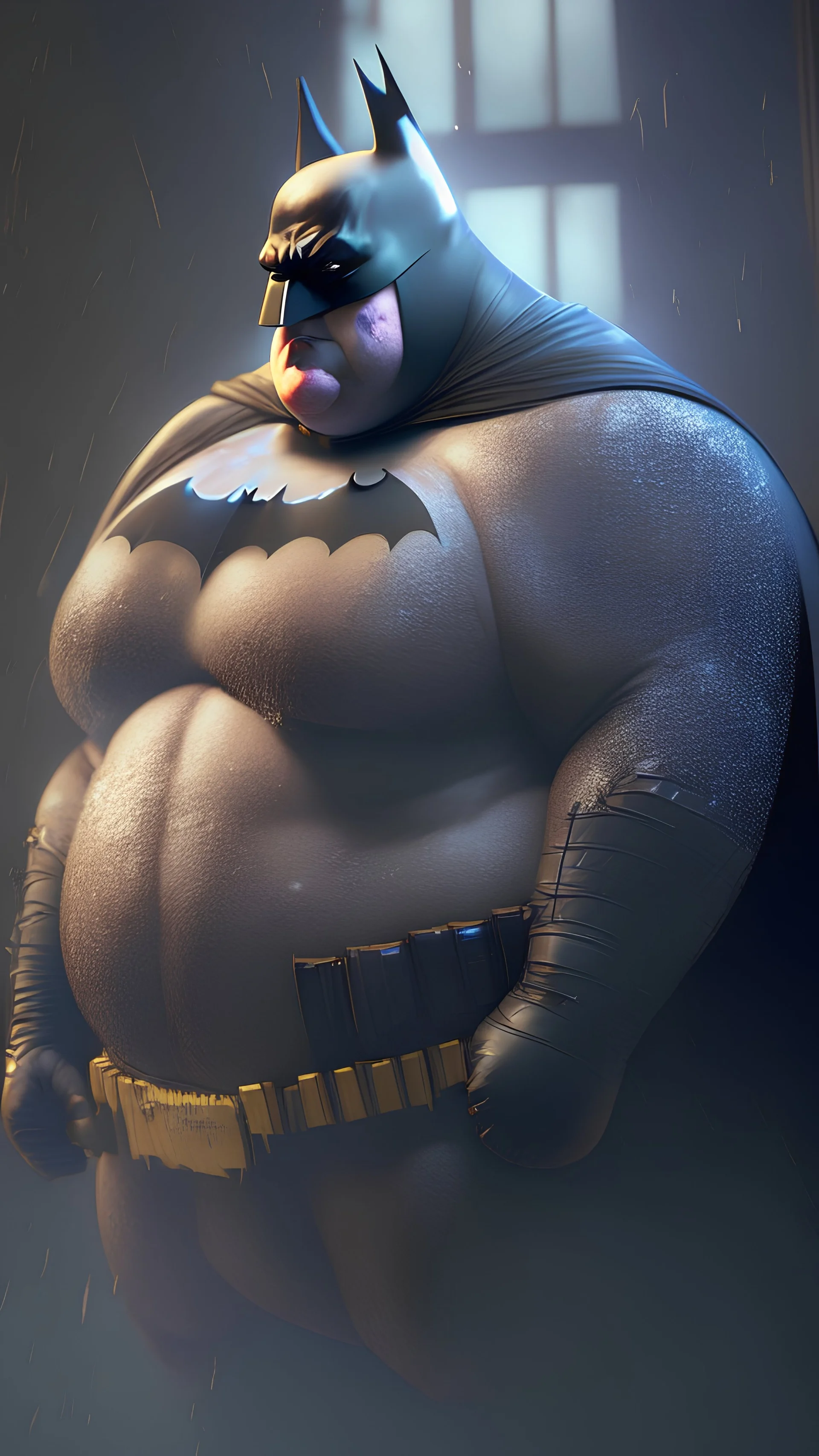 Batman but fat from,digital art,Cinematic lighting,realistic,4K