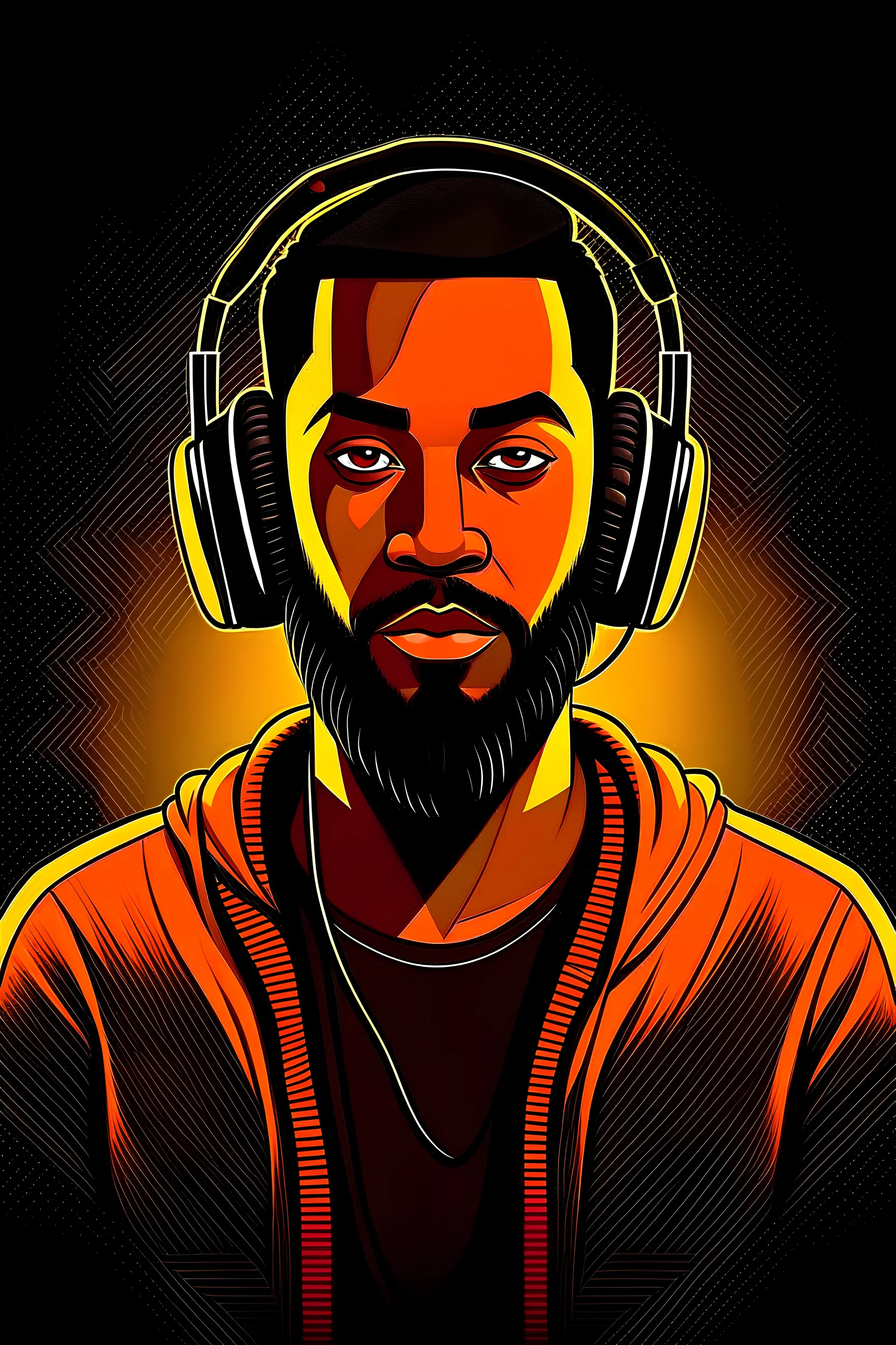 Create the image of a dark skinned dj, with a little beard, with a lot of talent in music production and house music.