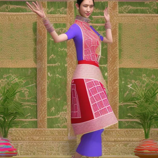 Aesthetic, 3D, Digitized, Hyper realistic, Surreal, Mesmeric, "Assamese Ethnic Tribal / Traditional Woven Women Attire" & Textile (Handloom) Industry themed Mekhela Chador (The bottom half of this distinct dress is called the 'Mekhela ', a round fit used waist downwards over a petticoat) designs, **Featured Designs:** The Revivalist - A young Assamese woman on a mission to revive fading weaving traditions. She combines old and new in her advocacy for mekhela sador. **Appearance:** Fictional fema