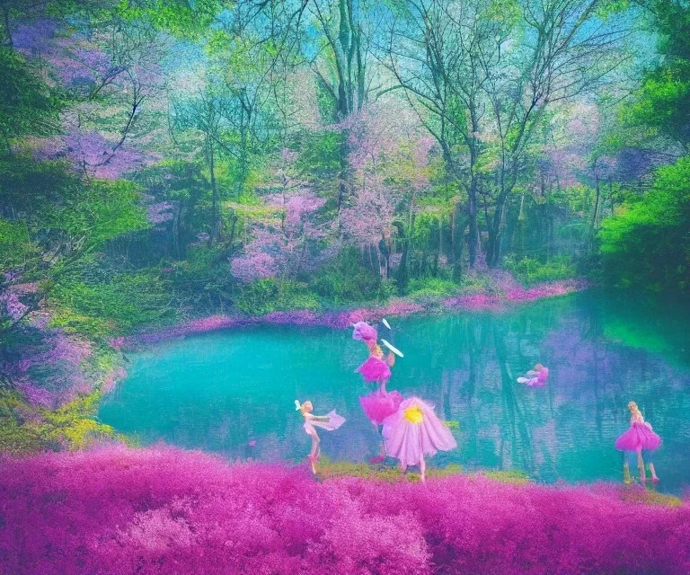 fairies in a magic pink forest with purple and pink trees, pink and blue and yellow flowers and around a turquoise lake, a blue sky and sunlight