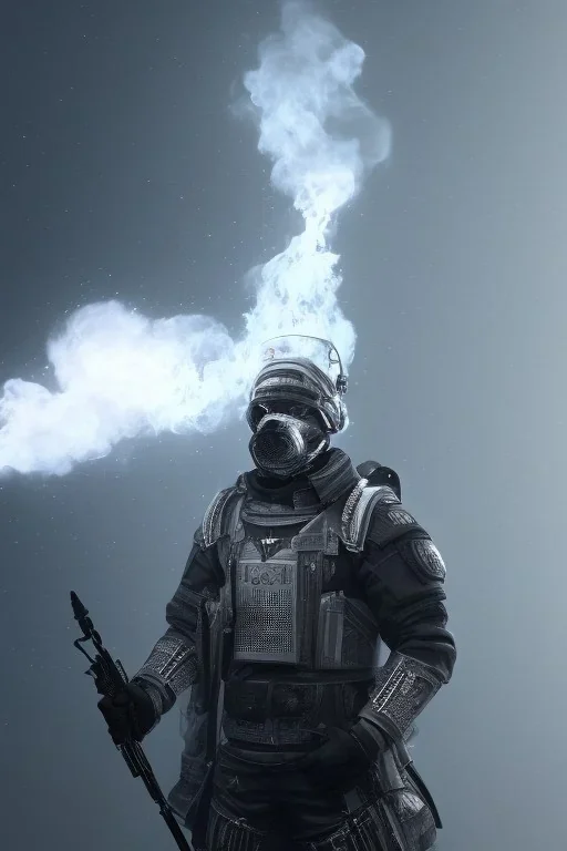 All Black Russian soldier, wearing high tech mask, white smoke, dark, rage, sorrow, high definition, ultra 8 k, volumetric lighting, blue fire, fog